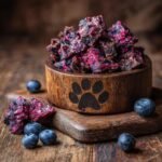 A wooden bowl filled with homemade Beef Blueberry Training Jerky, with fresh blueberries scattered around.