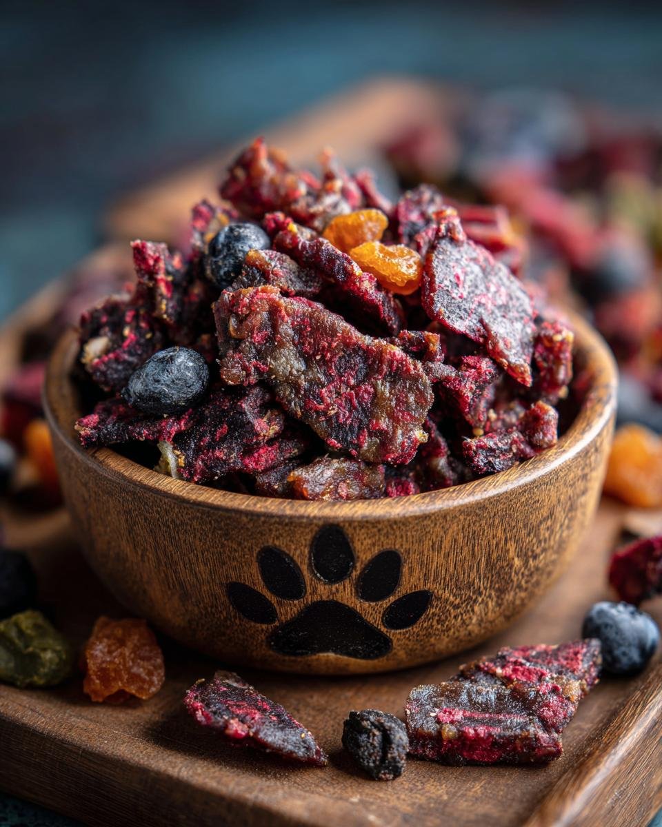 A wooden bowl filled with homemade Beef Blueberry Training Jerky, with scattered blueberries and dried fruit around it.