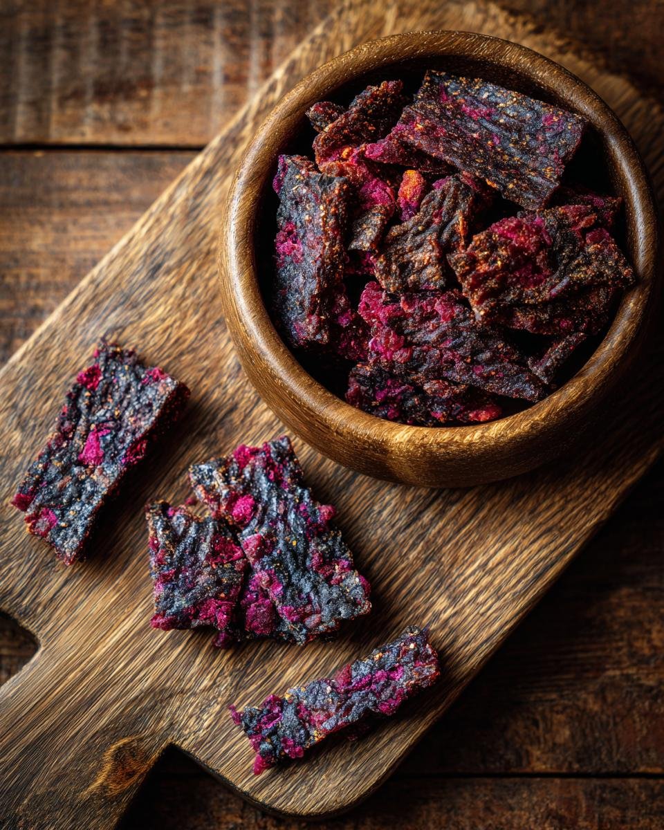 A wooden bowl filled with Beef Blueberry Training Jerky, with several pieces scattered on a wooden board.