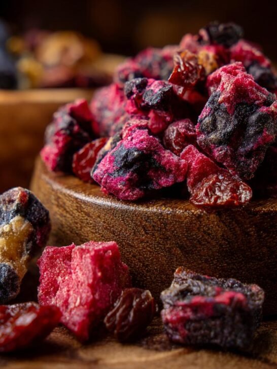Close-up of dried blueberries and beef pieces for Beef Blueberry Training Jerky.