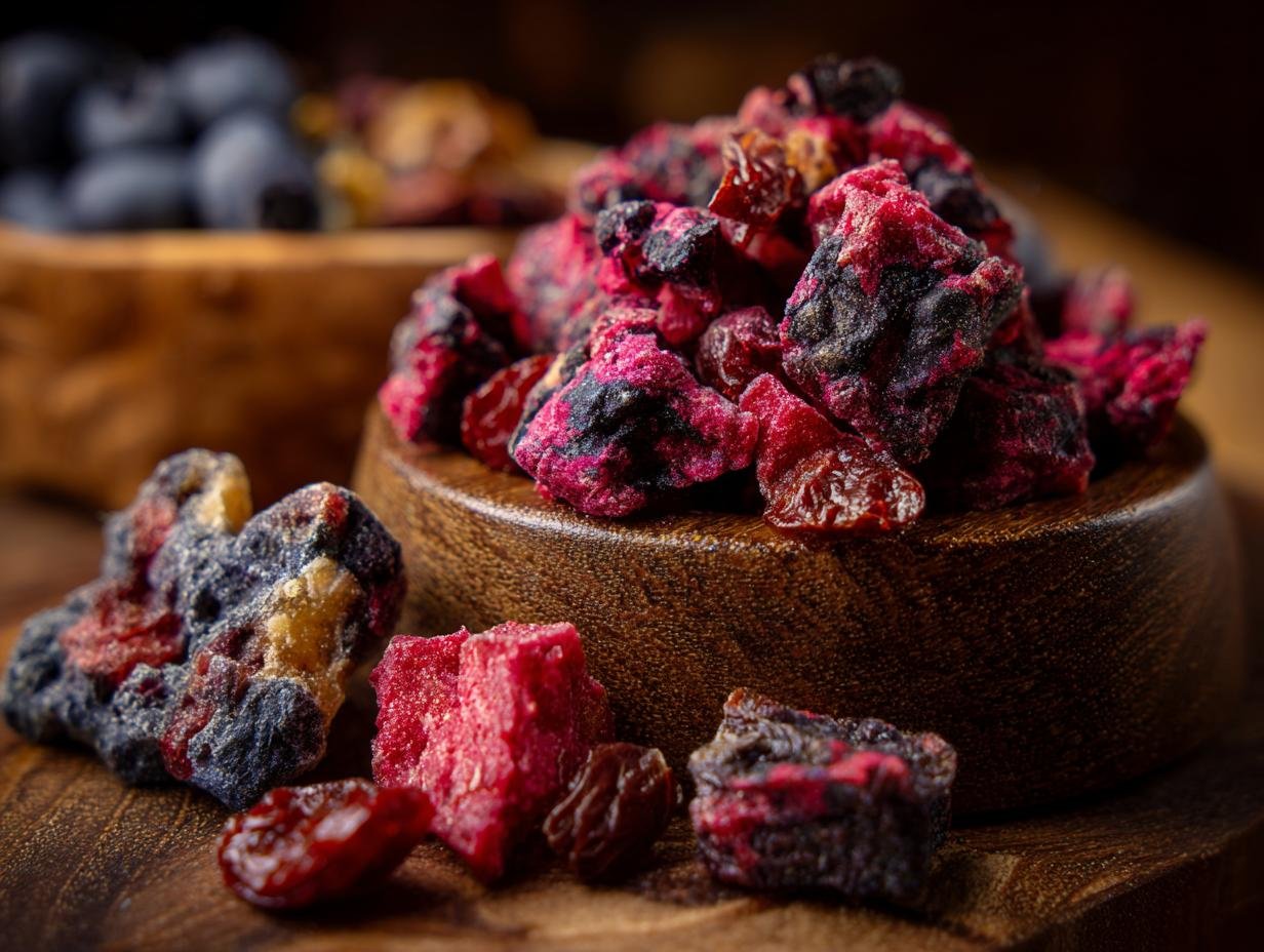 Close-up of dried blueberries and beef pieces for Beef Blueberry Training Jerky.