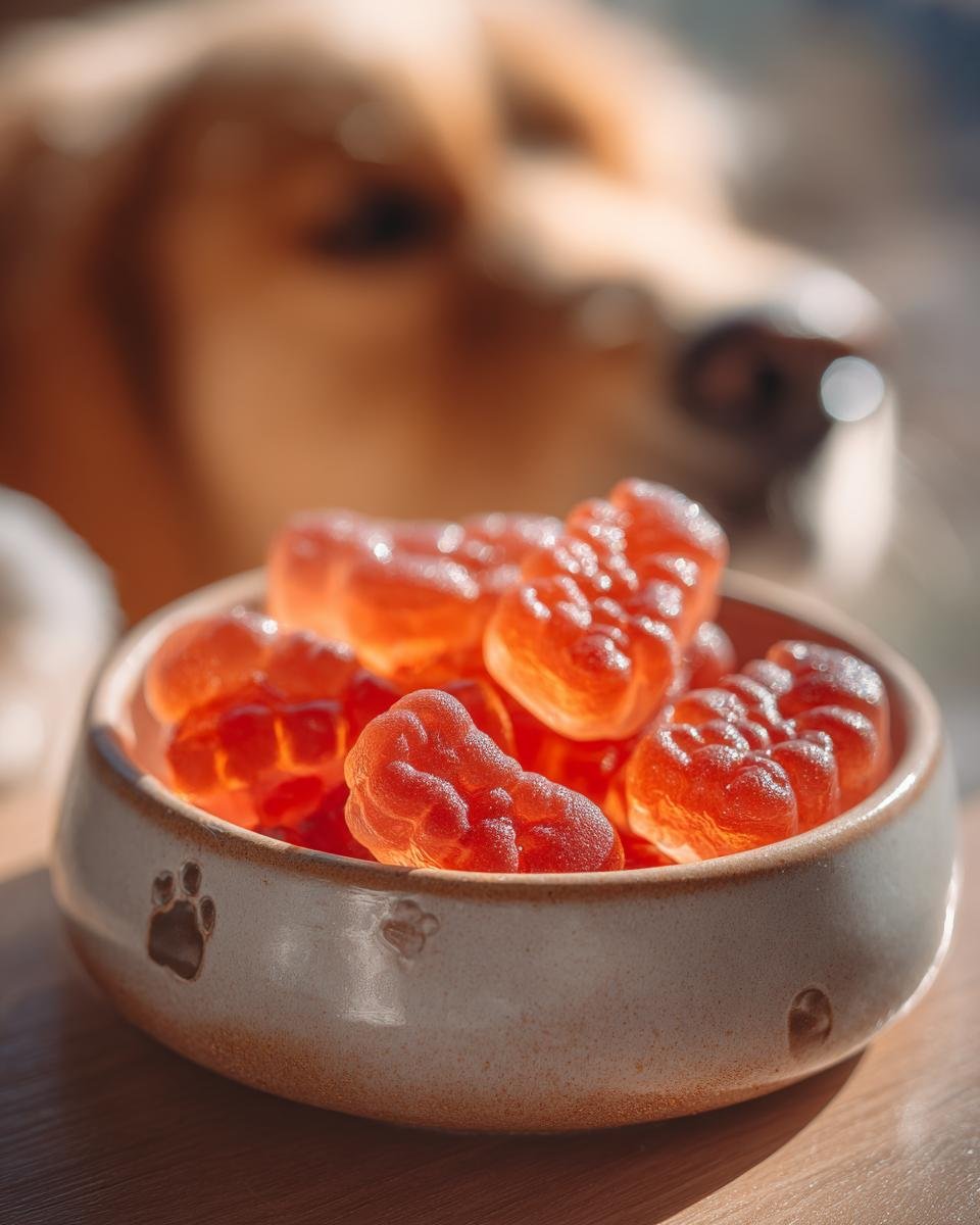 Close-up of red, bone-shaped Beef Bone Broth Gummy Bones for Dogs in a ceramic bowl with paw prints, a dog is blurred in the background.