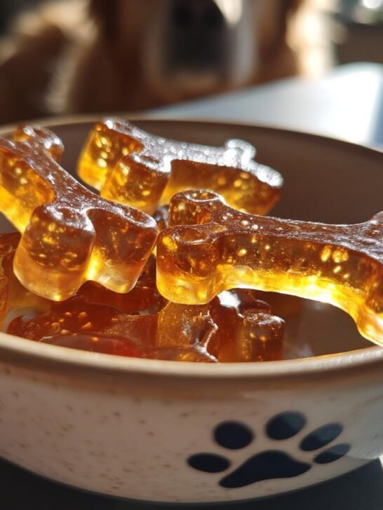 Close-up of amber-colored, bone-shaped Beef Bone Broth Gummy Bones for dogs in a small bowl.
