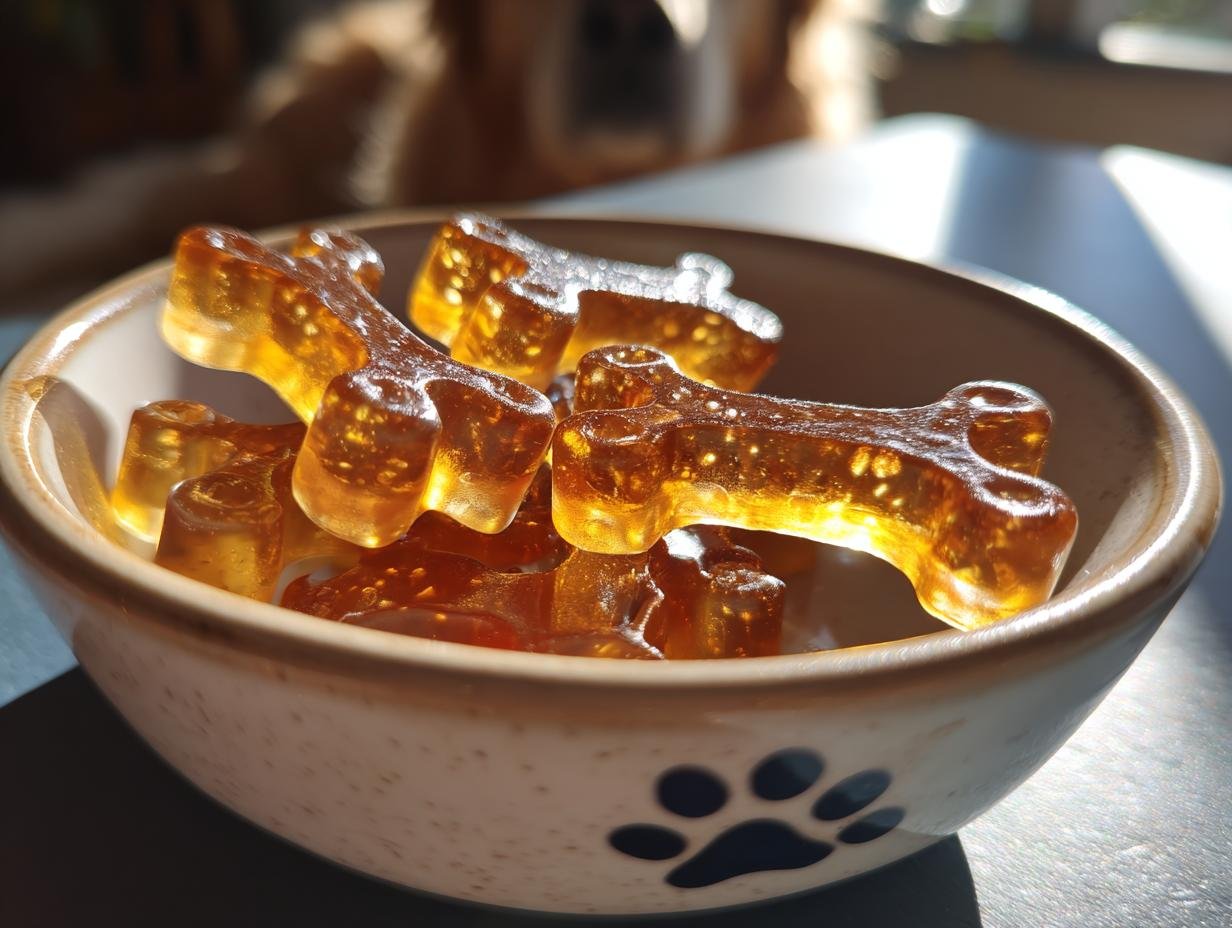 Close-up of amber-colored, bone-shaped Beef Bone Broth Gummy Bones for dogs in a small bowl.
