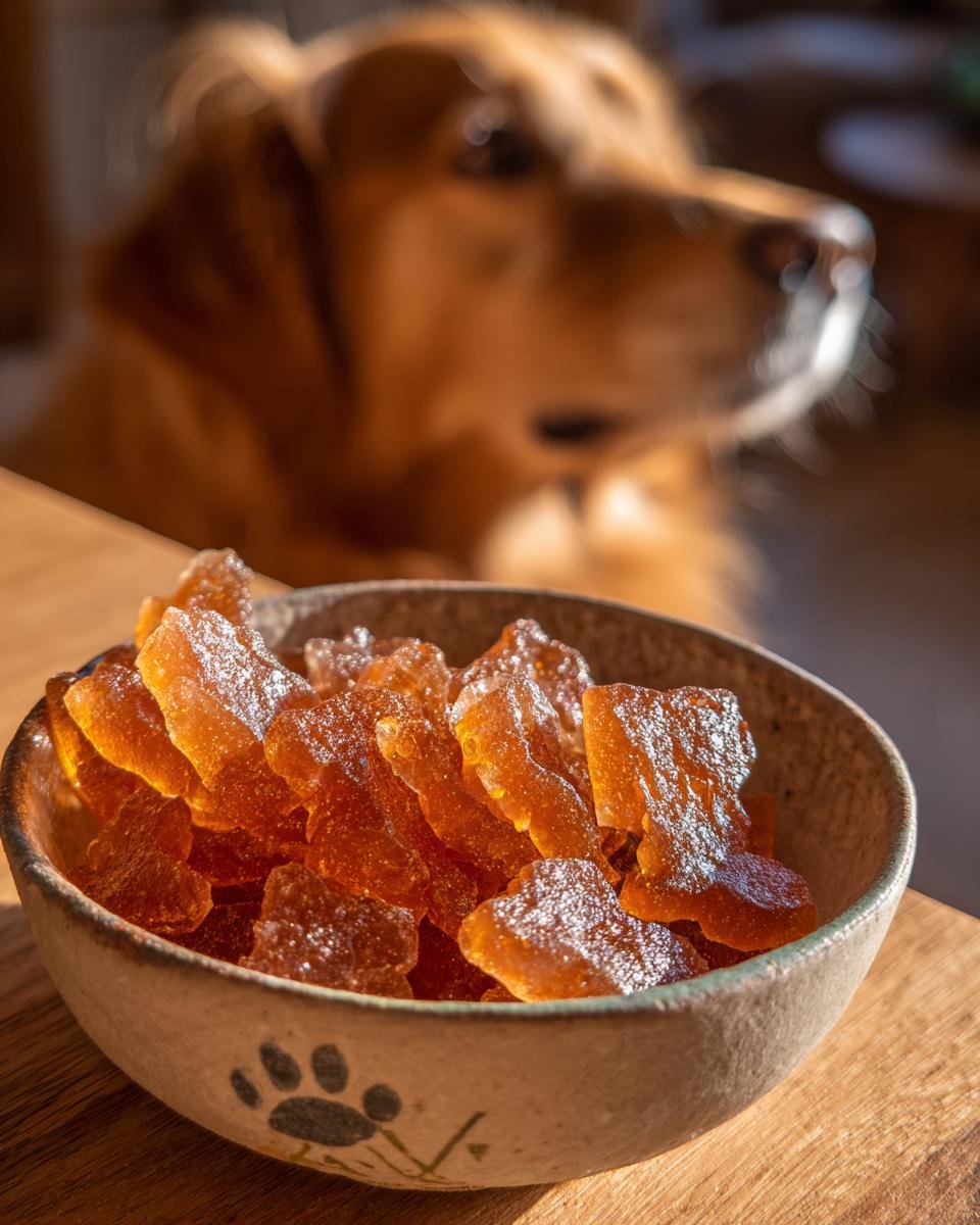 A bowl filled with amber-colored Beef Bone Broth Gummy Bones for Dogs, with a golden retriever looking on in the background.