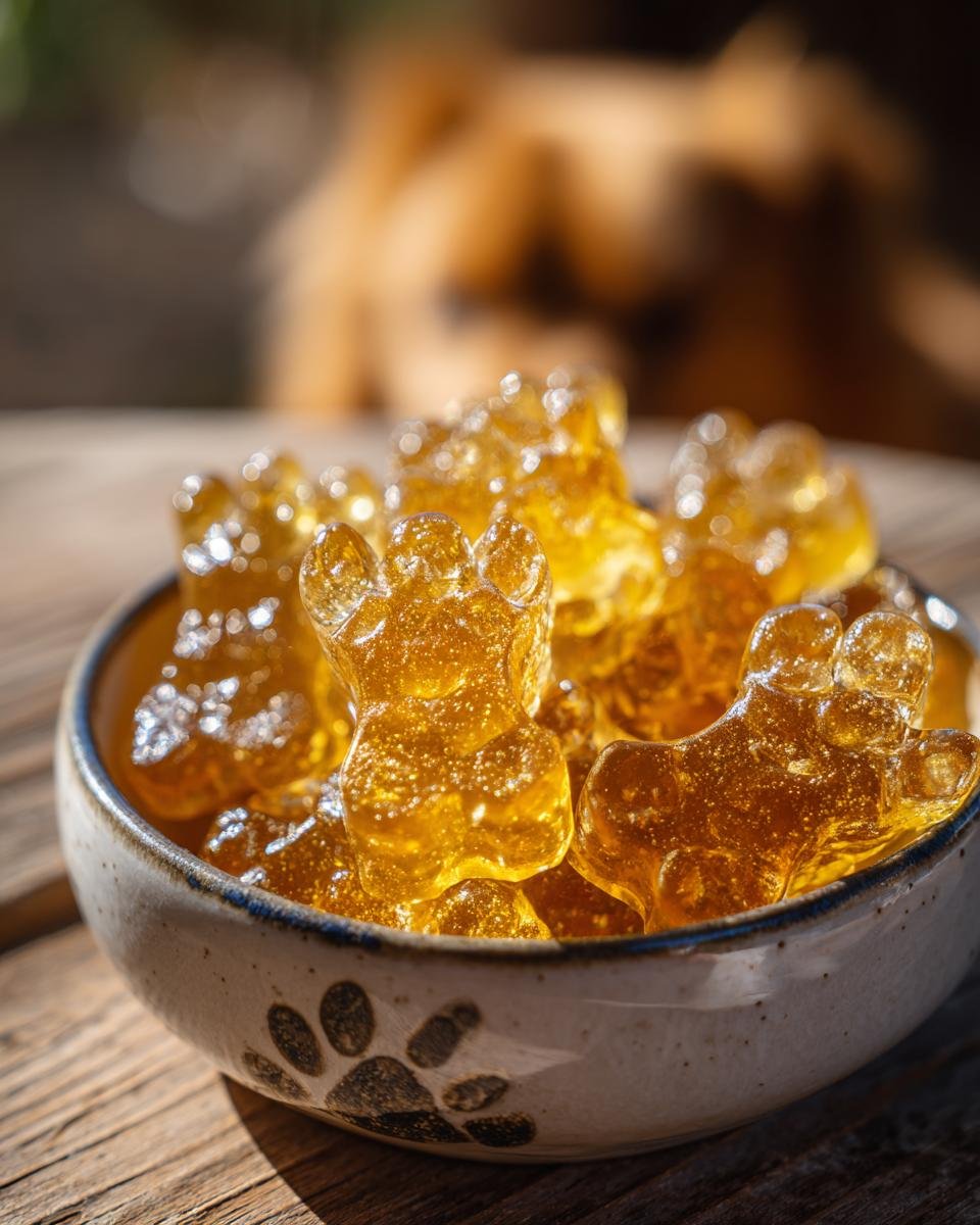 Close-up of golden, paw-shaped Beef Bone Broth Gummy Bones for Dogs in a ceramic bowl.