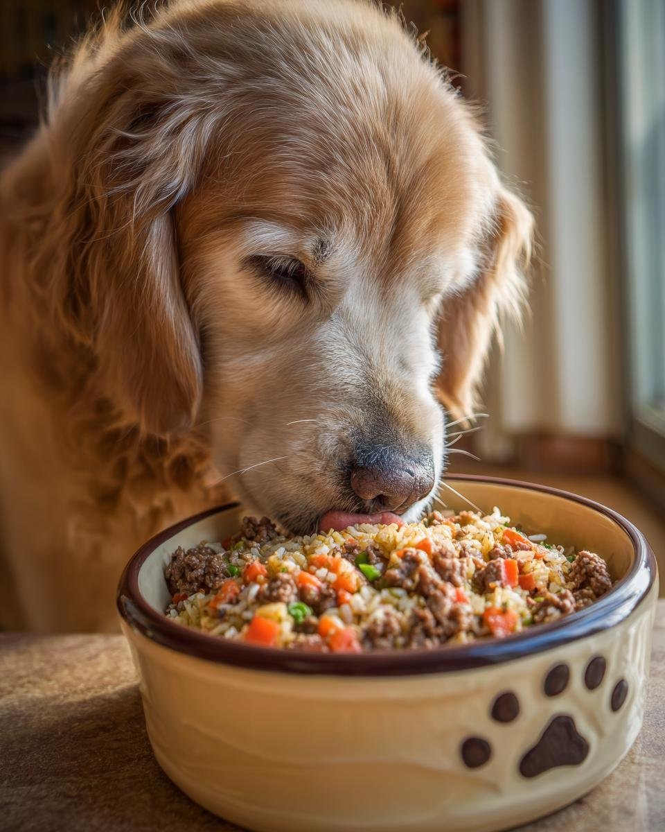 Golden Retriever dog eating a bowl of beef and brown rice strength meal with vegetables.