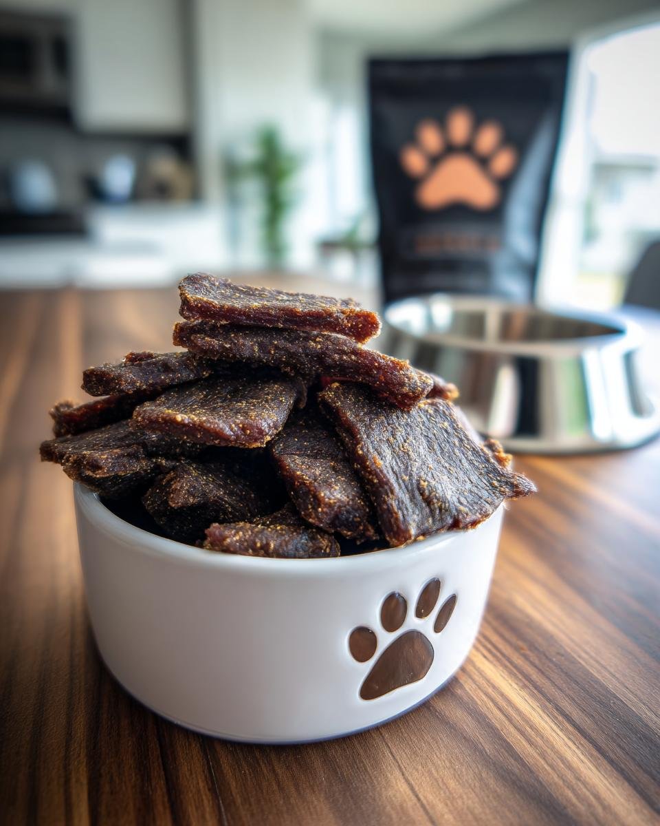 A bowl filled with homemade Beef Carob Safe Treat Jerky for dogs, with a bag and water bowl in the background.