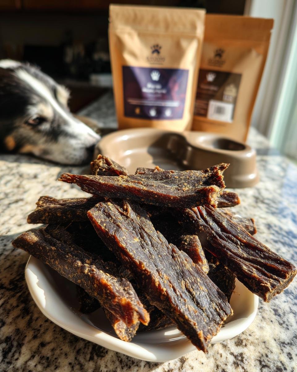 A pile of homemade Beef Carob Safe Treat Jerky for dogs on a white plate, with a dog and treat bags in the background.