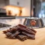 A pile of homemade Beef Carob Safe Treat Jerky for dogs on a wooden cutting board, with a dog bowl in the background.