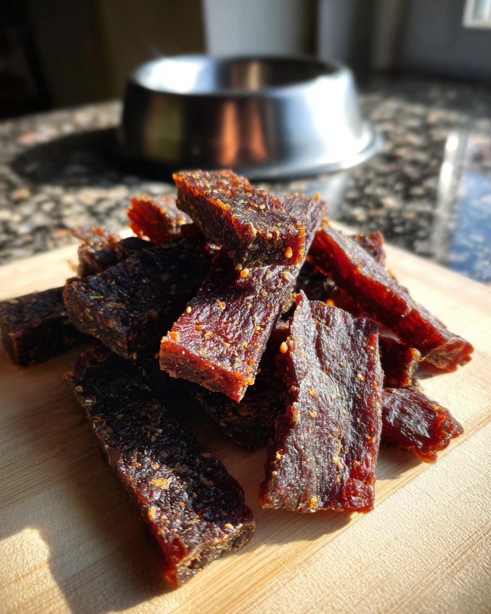 A close-up pile of homemade Beef Carob Safe Treat Jerky on a wooden board.