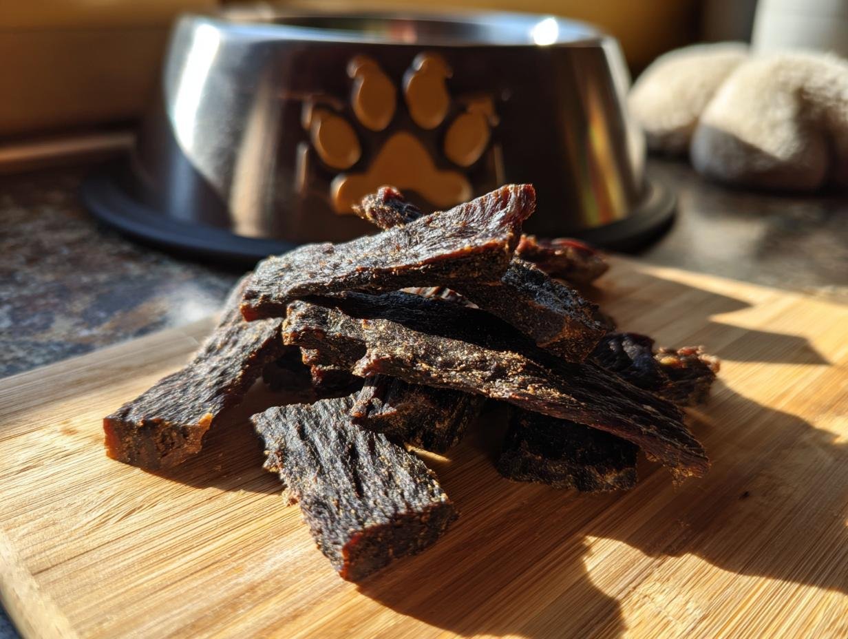 A pile of homemade Beef Carob Safe Treat Jerky for dogs on a wooden cutting board.