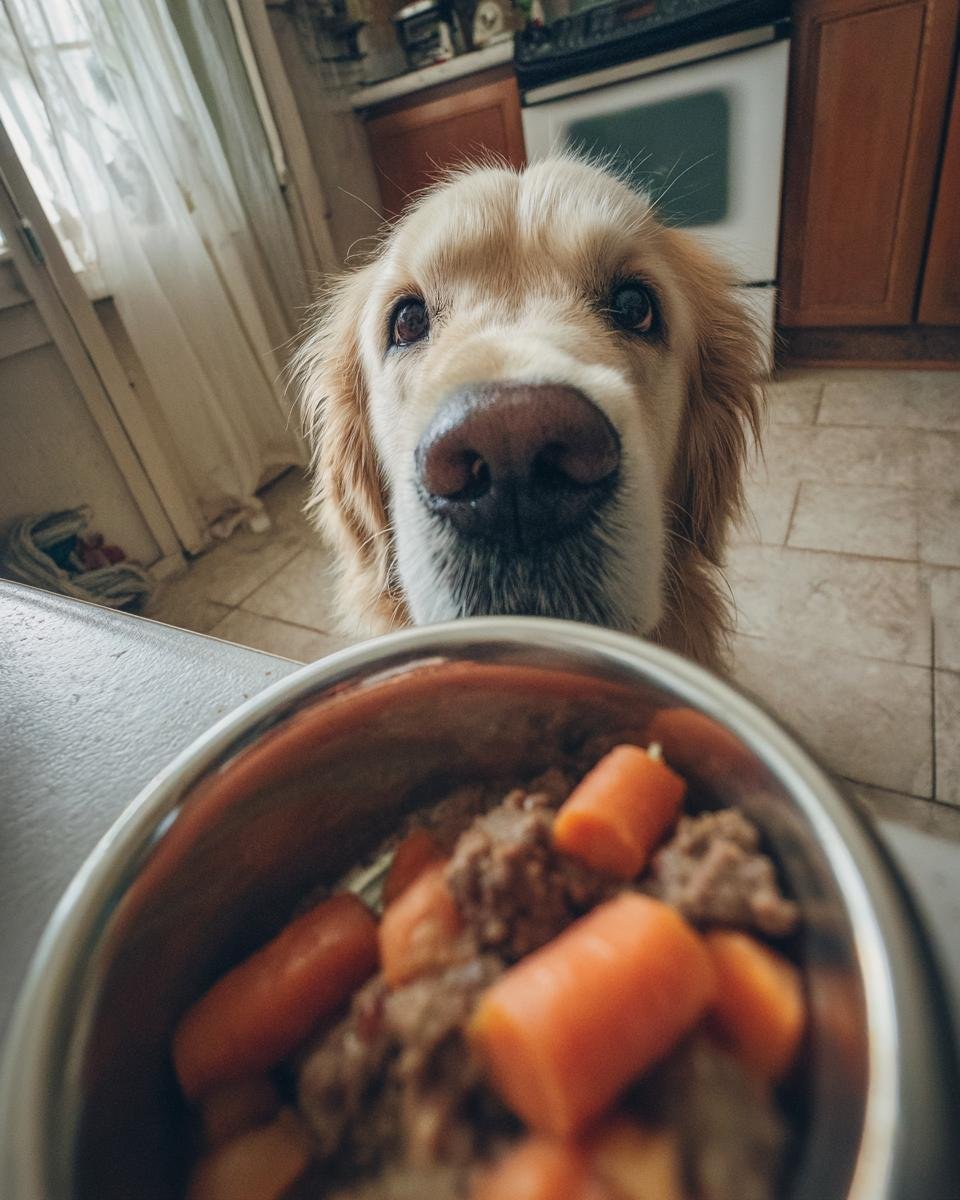 A golden retriever dog eagerly looks at a bowl filled with beef and carrot pieces, a Beef and Carrot Iron Rich Dinner for Daily Support.