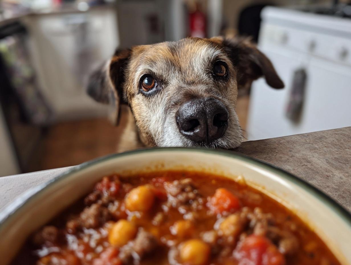 A dog with hopeful eyes peeking over a counter at a bowl of Beef and Chickpea Energy Meal.