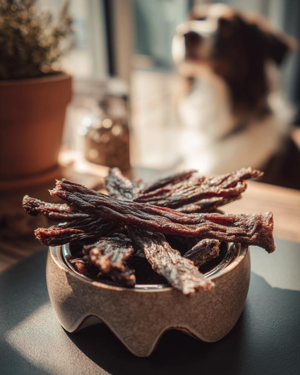A bowl filled with Beef and Green Bean Power Jerky, with a dog blurred in the background.