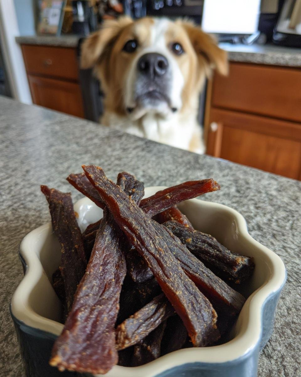 A bowl of homemade Beef and Green Bean Power Jerky with a dog looking expectantly in the background.