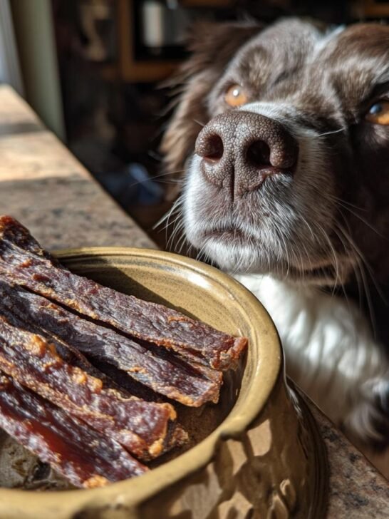 A curious dog looks intently at a bowl filled with Beef and Green Bean Power Jerky.