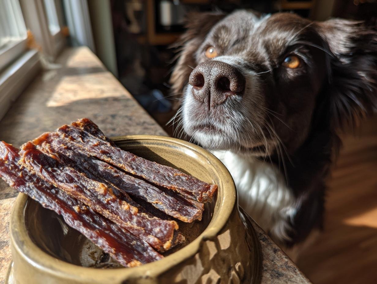A curious dog looks intently at a bowl filled with Beef and Green Bean Power Jerky.