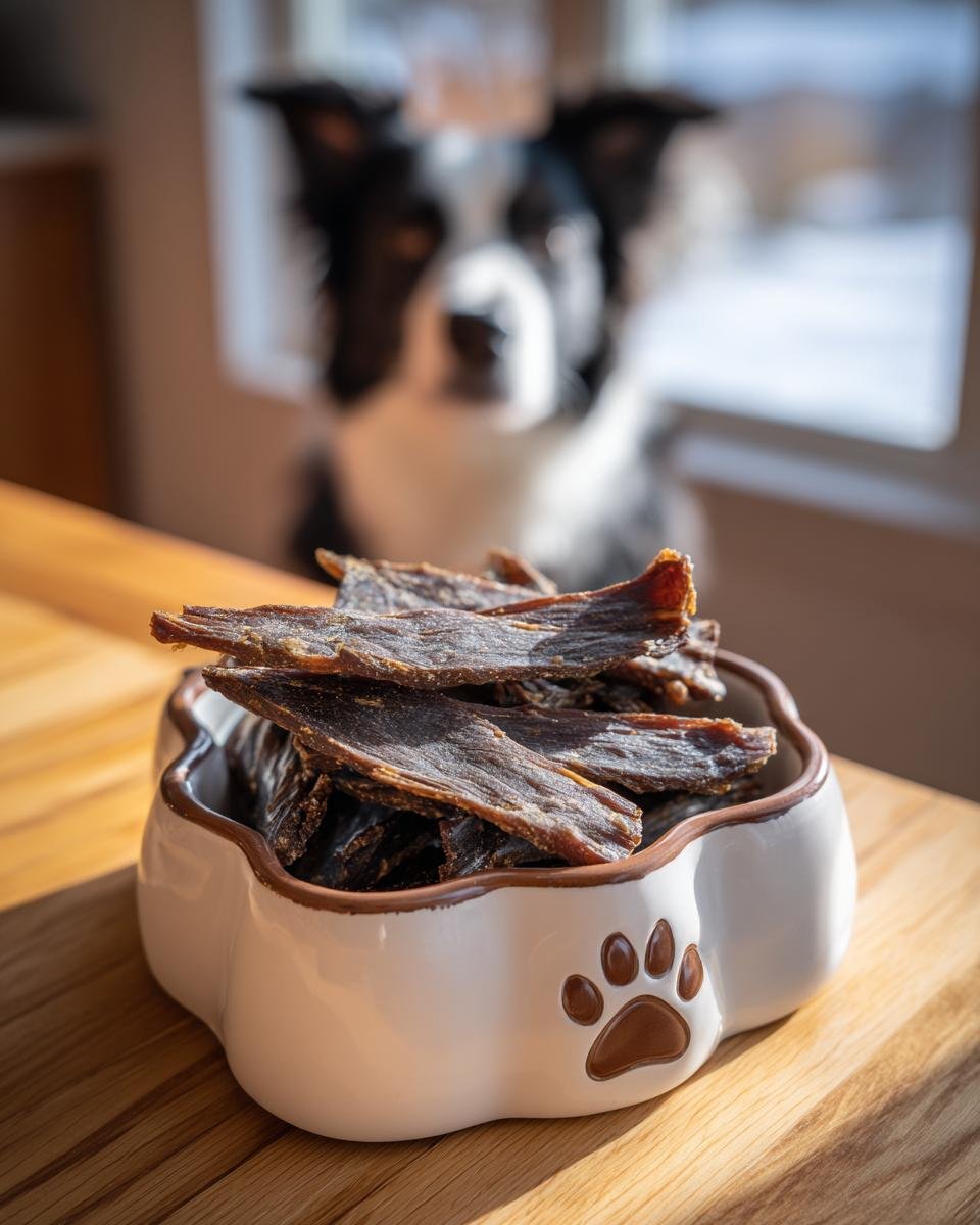A bowl filled with Beef and Green Bean Power Jerky, with a dog in the background looking on.