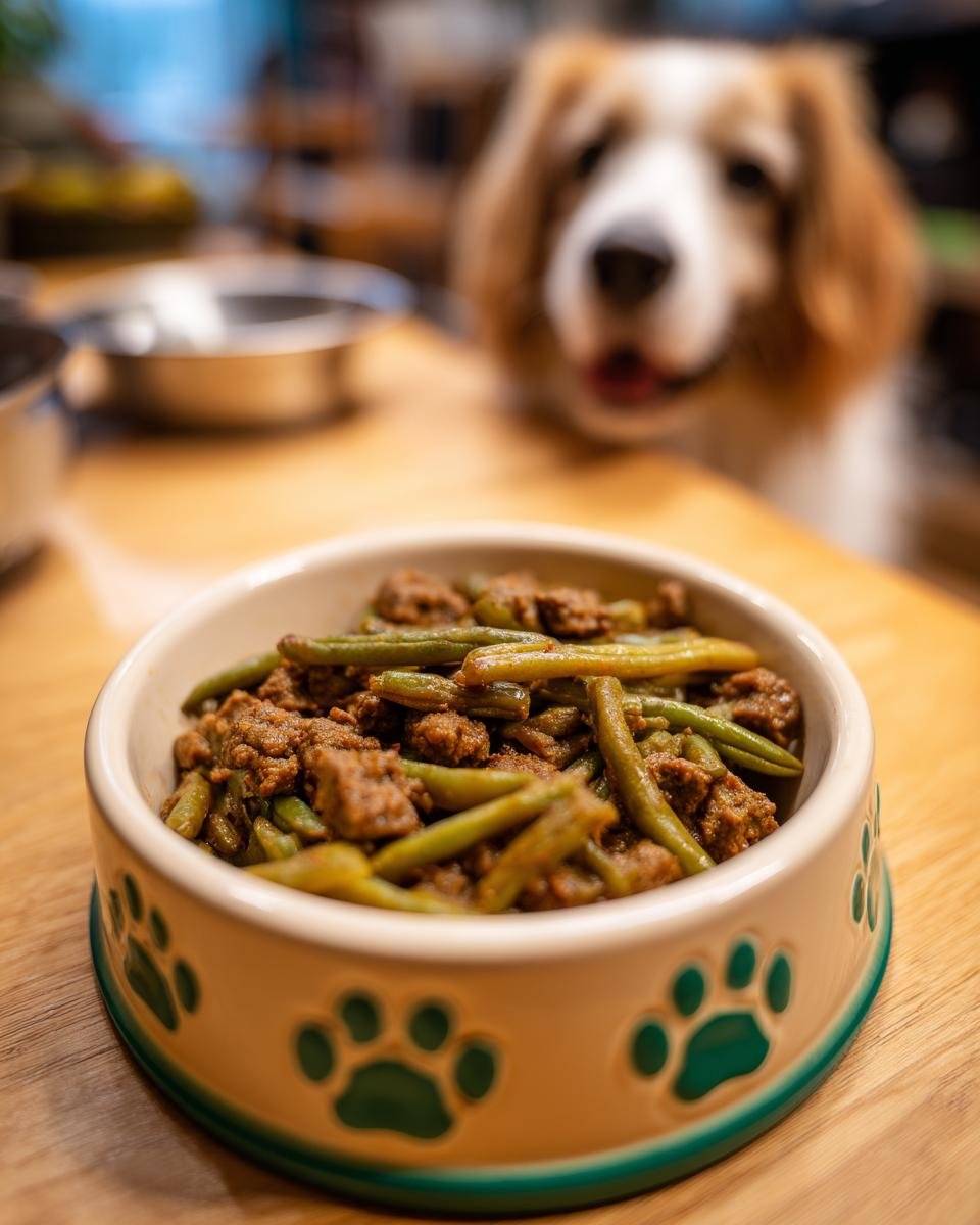 A bowl of homemade Beef and Green Bean Protein Mix for Growing Strength, with a dog looking on.