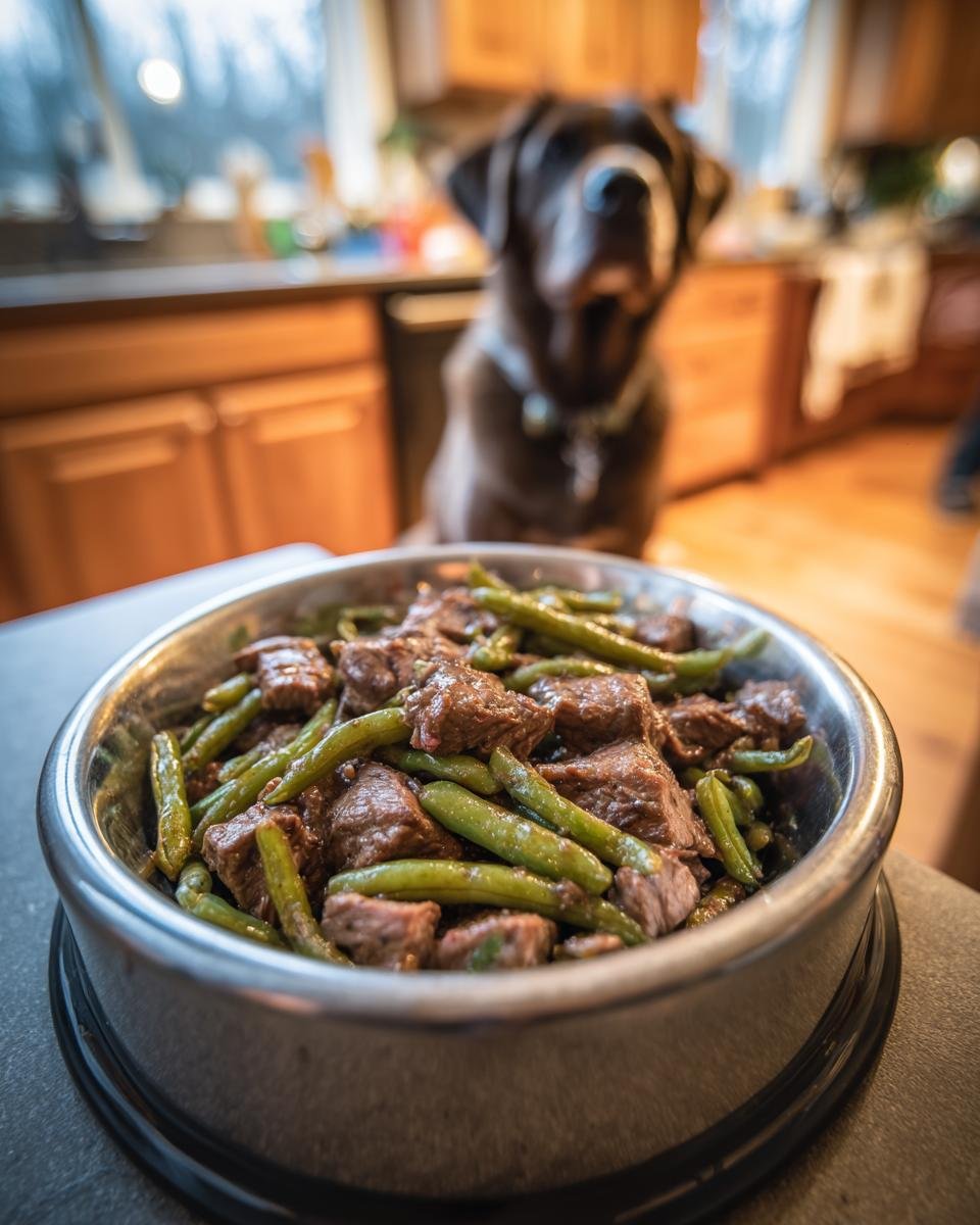 A bowl of Beef and Green Bean Protein Mix for Growing Strength, with a dog in the background.