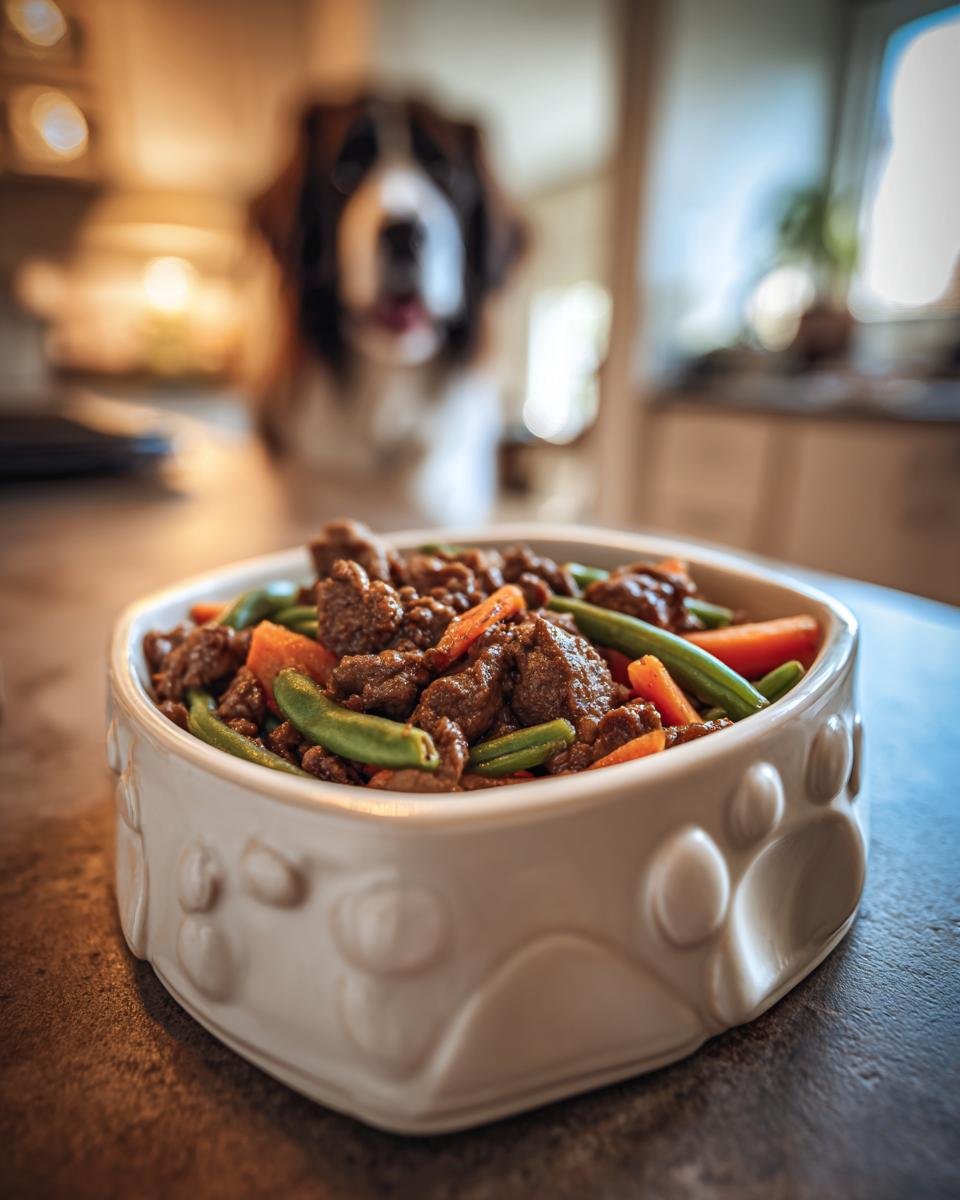 A bowl of beef and green bean protein mix for dogs, with a St. Bernard dog in the background.