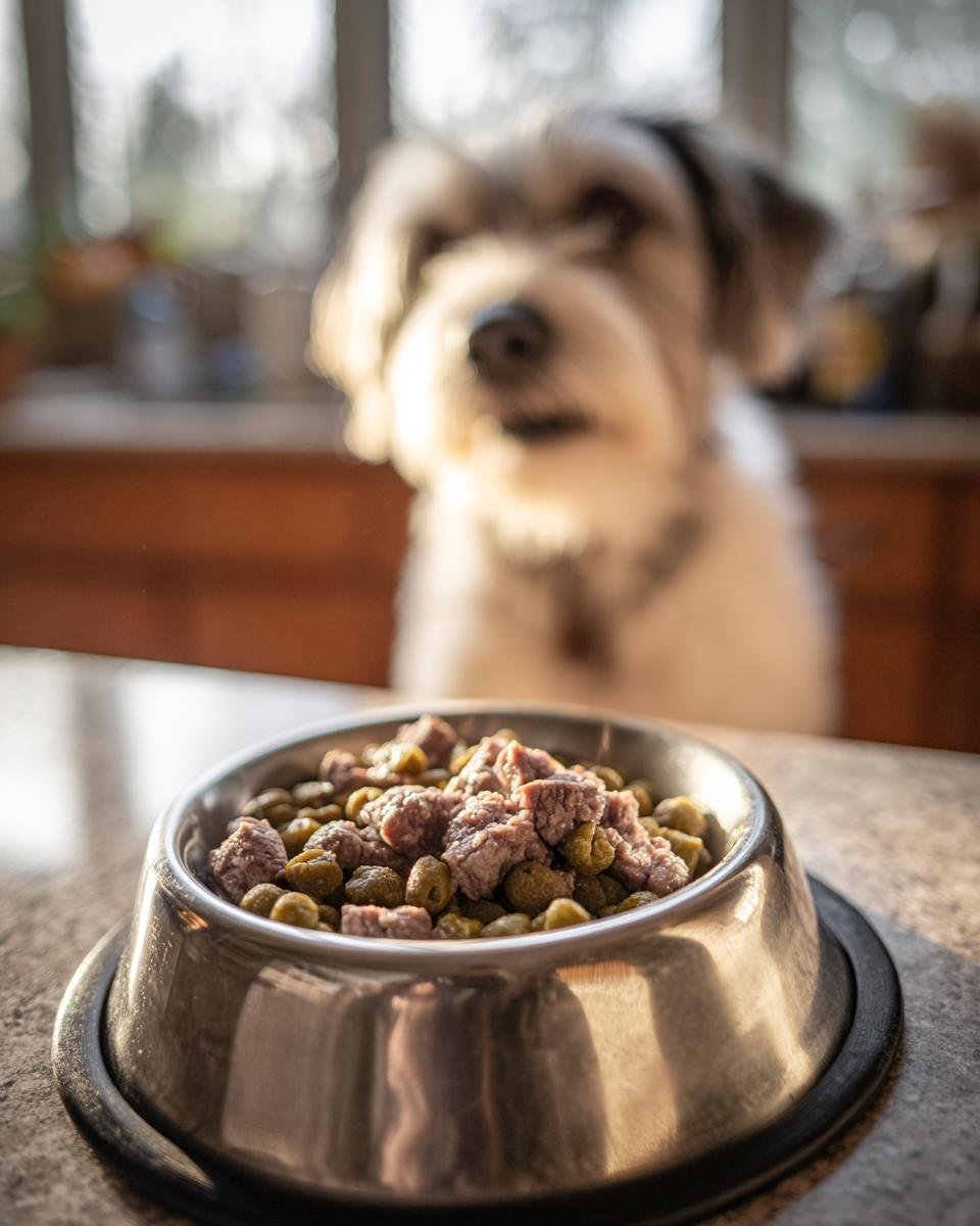 A metal bowl filled with a beef and green bean protein mix for dogs, with a dog looking on in the background.