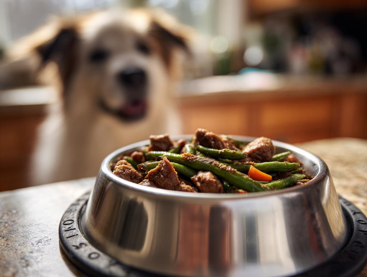 A dog eagerly looking at a bowl filled with Beef and Green Bean Protein Mix for Growing Strength.