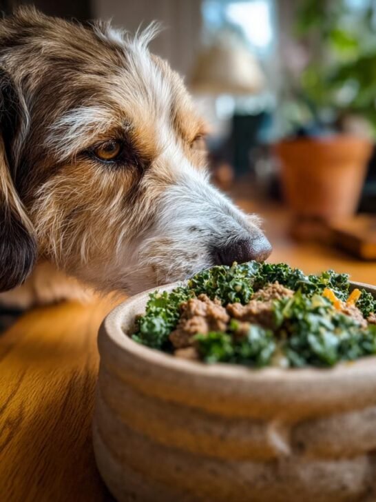A dog eagerly looking at a bowl of Beef and Kale Strength Mix, ready for a high-nutrient meal.