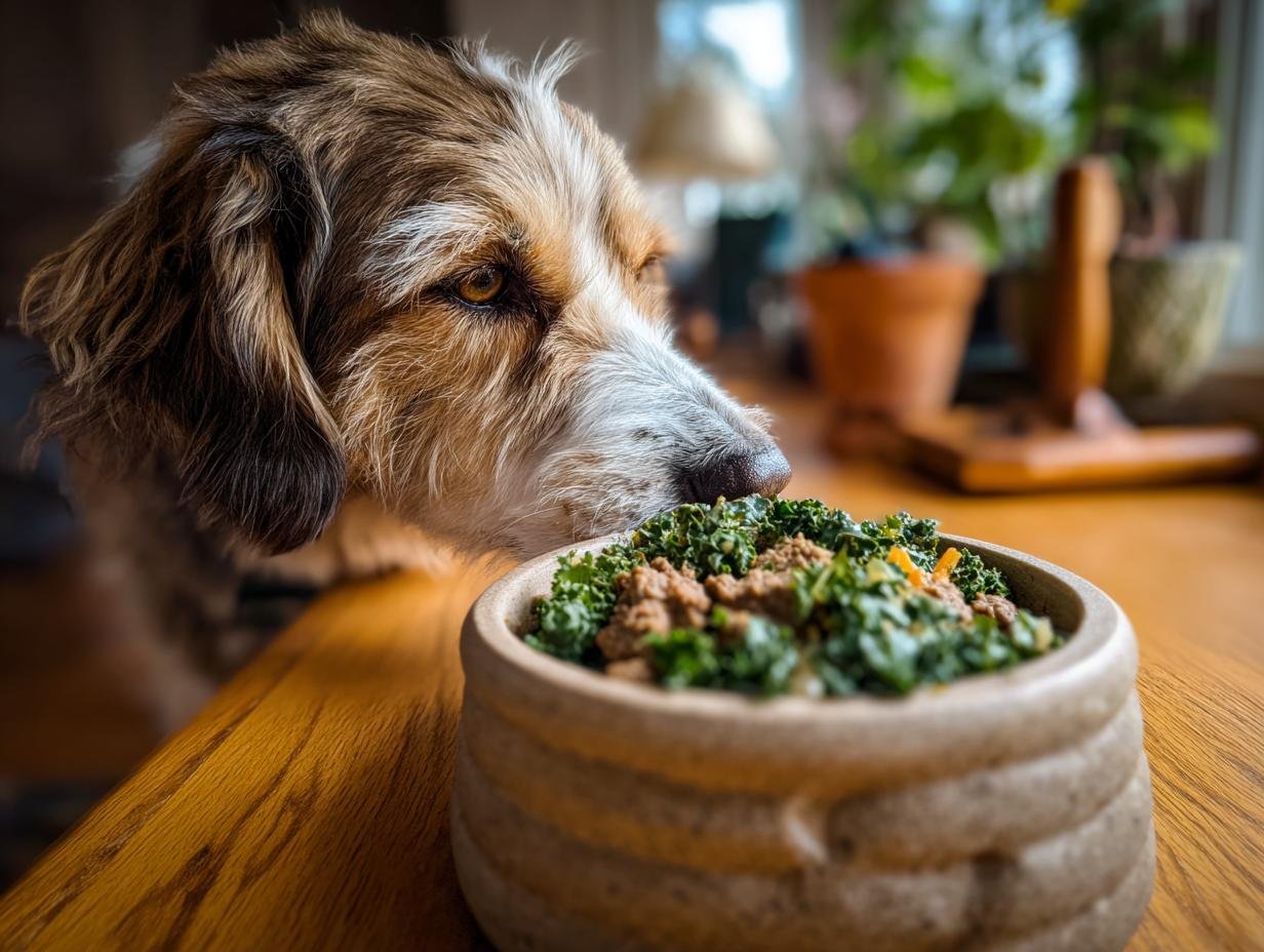 A dog eagerly looking at a bowl of Beef and Kale Strength Mix, ready for a high-nutrient meal.