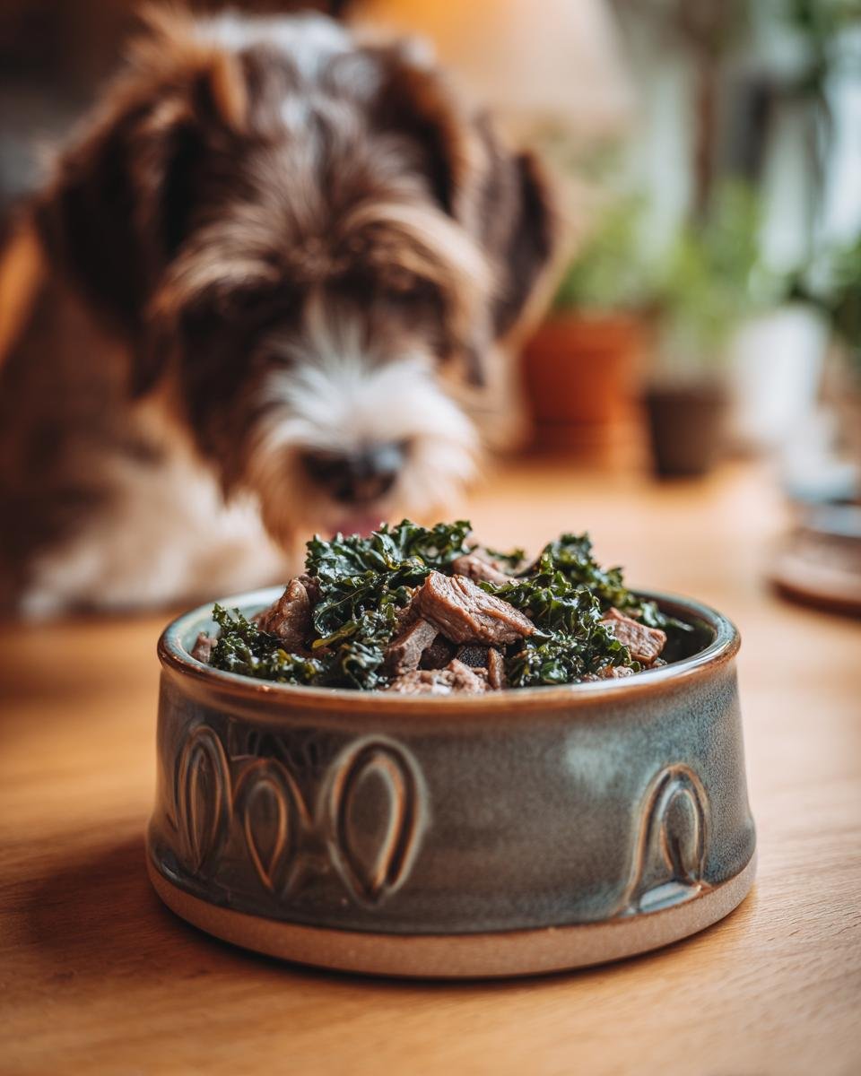 A bowl of Beef and Kale Strength Mix dog food with a curious dog in the background.