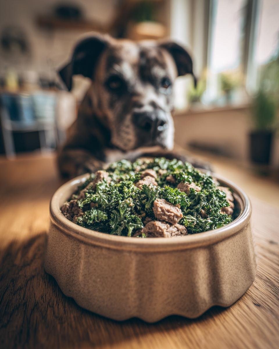 A bowl of Beef and Kale Strength Mix for dogs, with a dog looking on in the background.