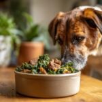 A dog eagerly sniffing a bowl filled with Beef and Kale Strength Mix, showcasing healthy ingredients.