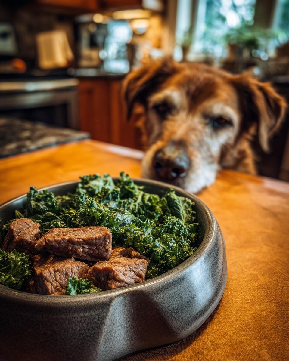 A bowl of Beef and Kale Strength Mix with a dog looking at it from behind.