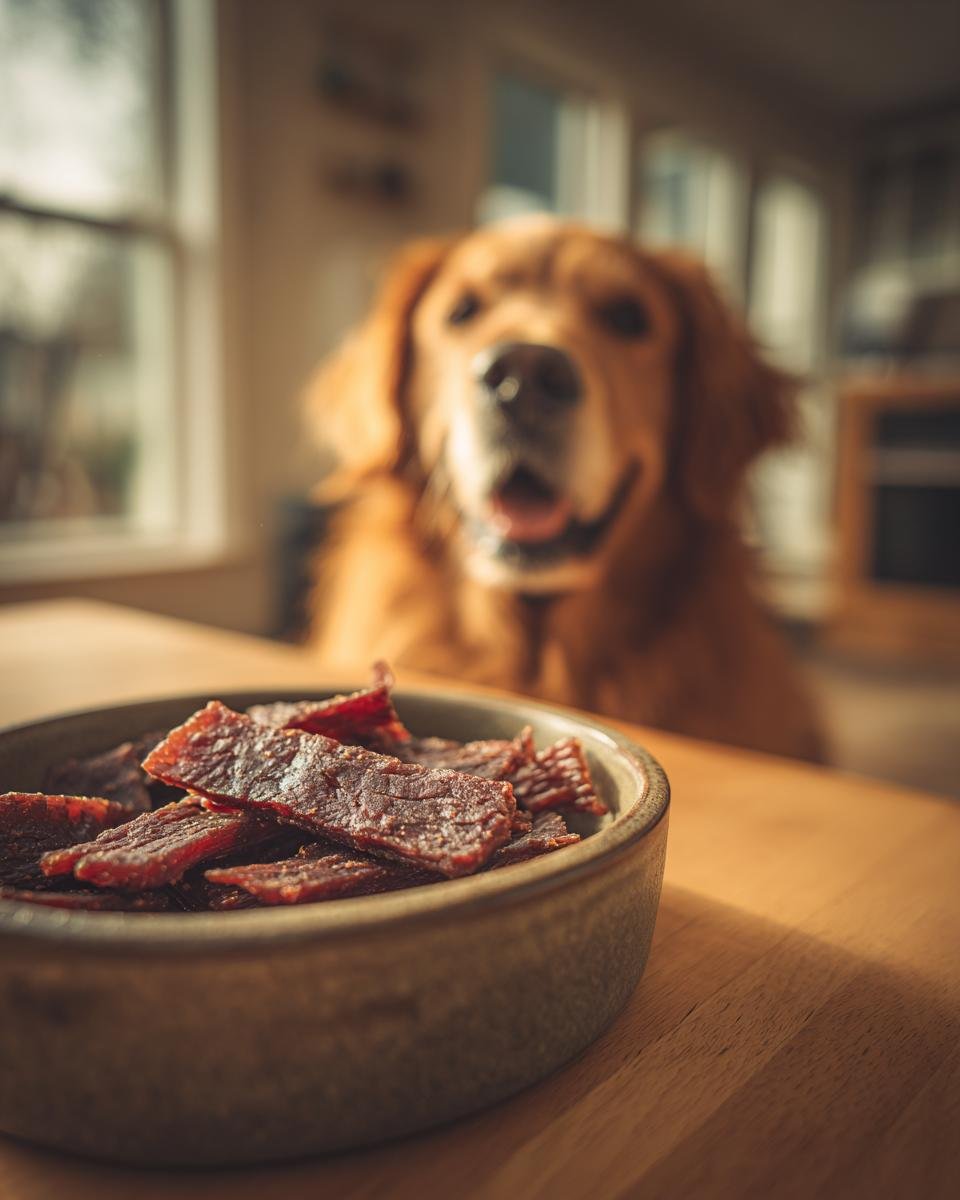 A bowl of Beef Mixed Veggie Fitness Jerky with a golden retriever dog in the background.