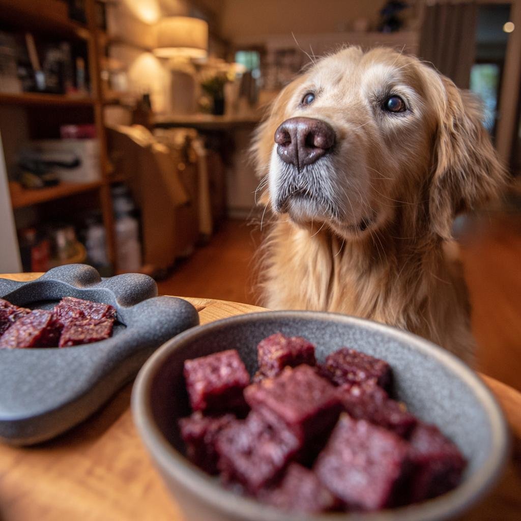 Golden Retriever looking intently at a bowl of Beef Mixed Veggie Fitness Jerky.