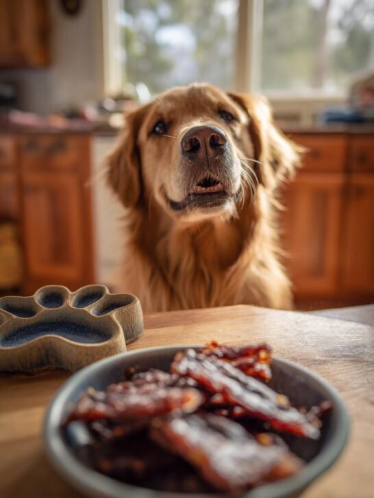 A happy Golden Retriever looks at a bowl of Beef Mixed Veggie Fitness Jerky on a wooden table.