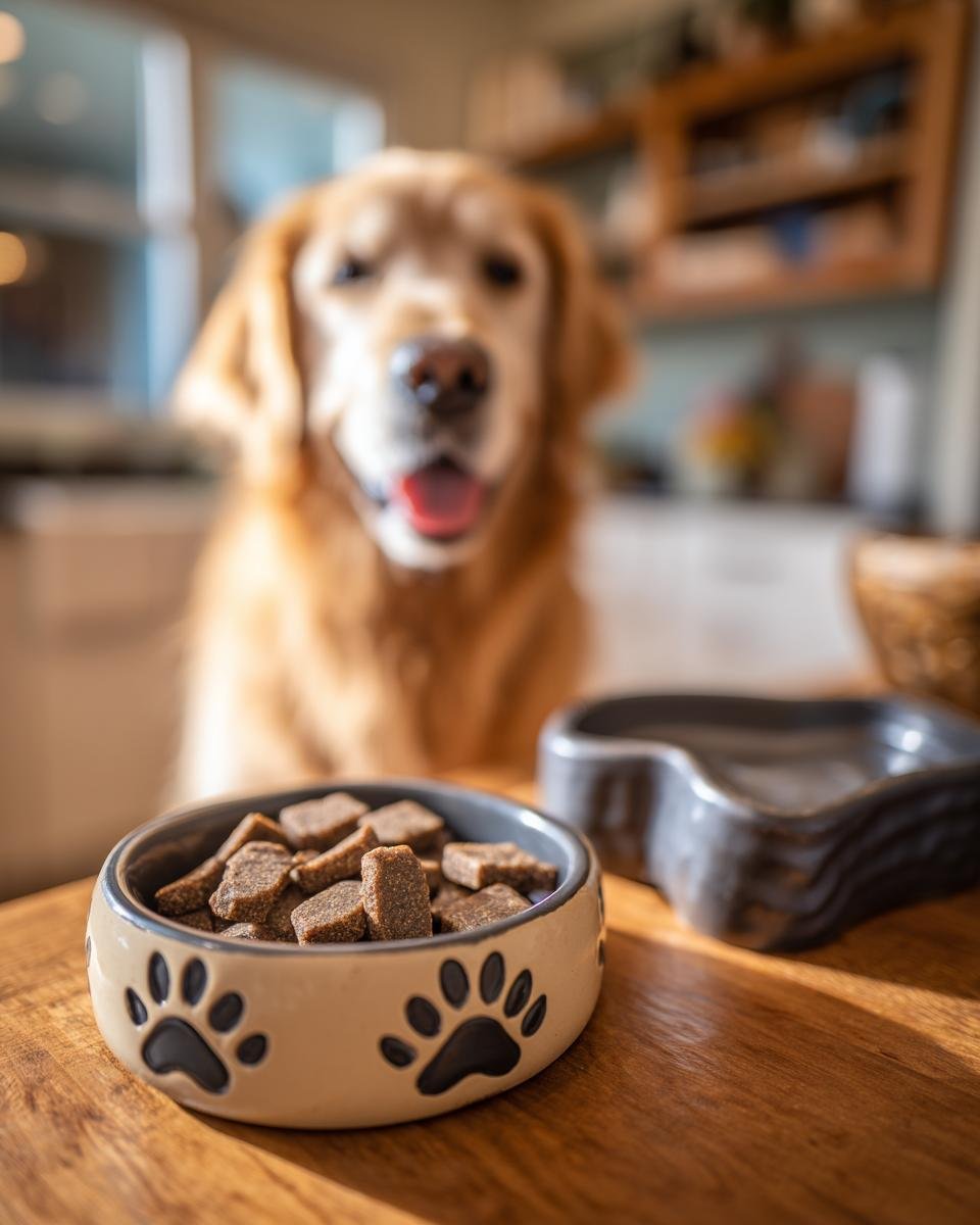 A bowl filled with Beef Mixed Veggie Fitness Jerky treats, with a golden retriever in the background.