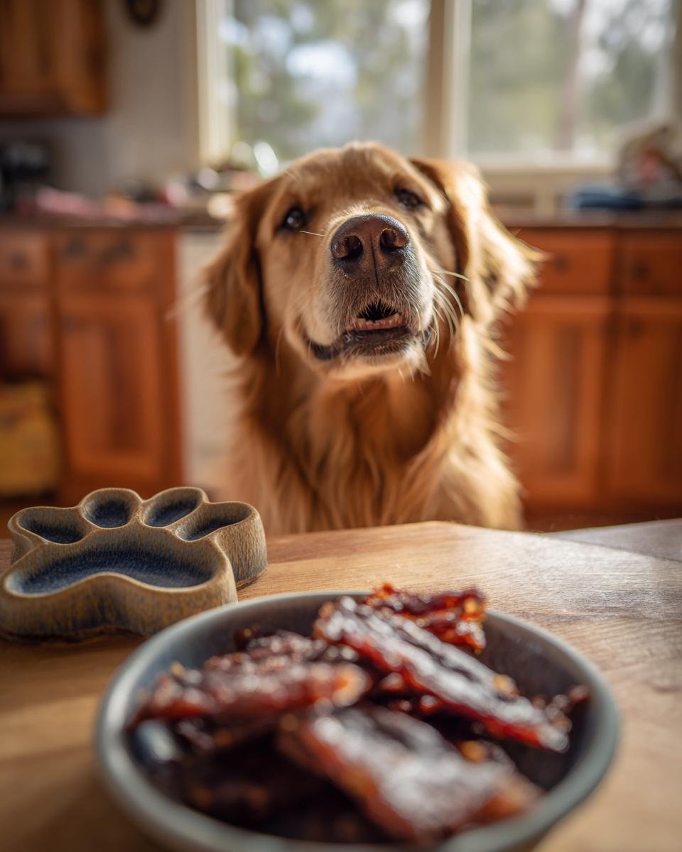 A happy Golden Retriever looks at a bowl of Beef Mixed Veggie Fitness Jerky on a wooden table.