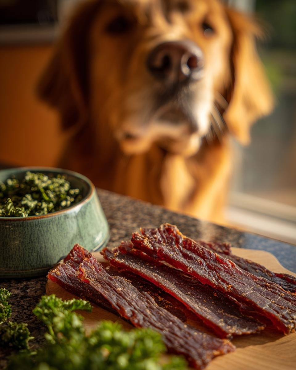 Golden Retriever looking at slices of Beef Parsley Clean Breath Jerky and a bowl of parsley.
