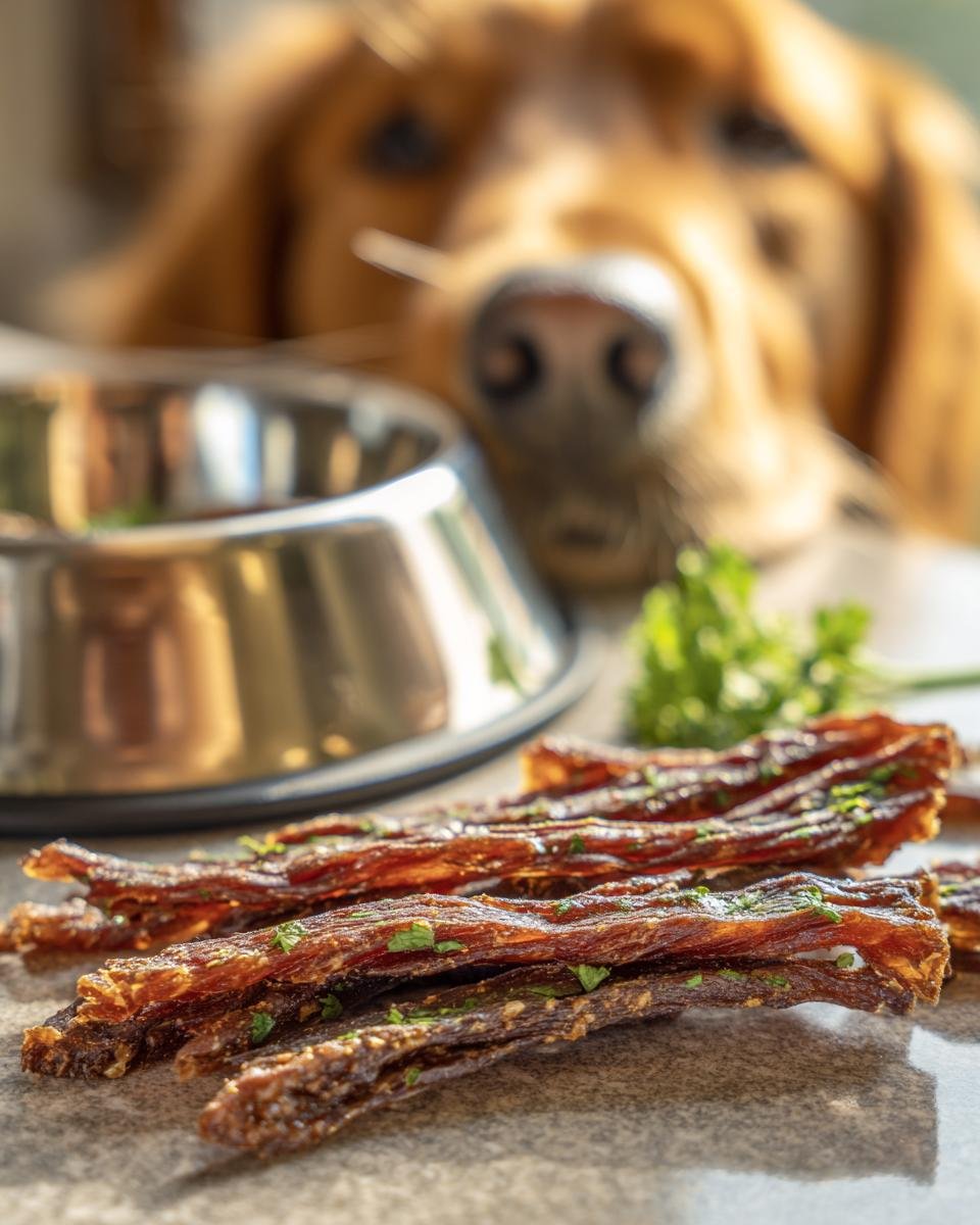 Close-up of homemade Beef Parsley Clean Breath Jerky, with a golden retriever dog blurred in the background.
