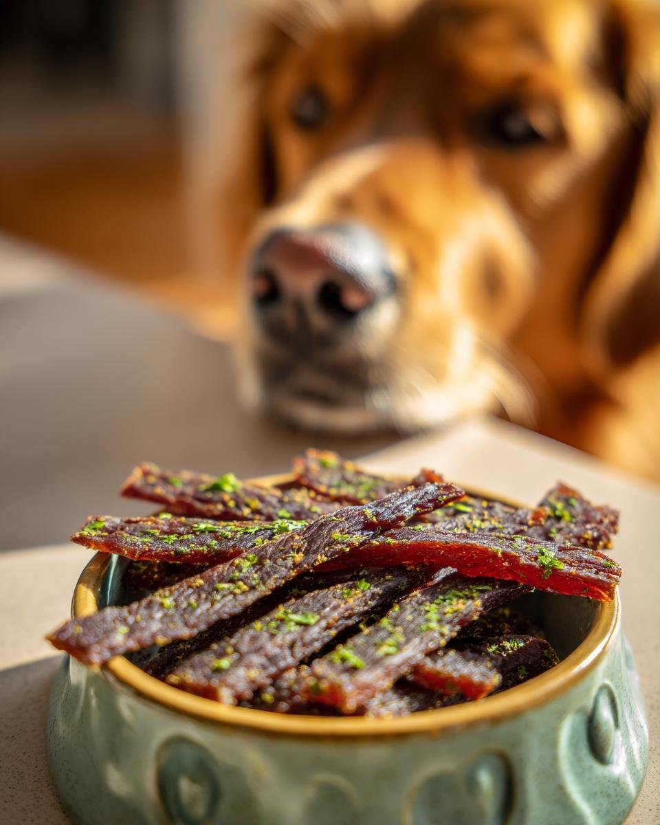 A bowl of Beef Parsley Clean Breath Jerky with a golden retriever looking on in the background.