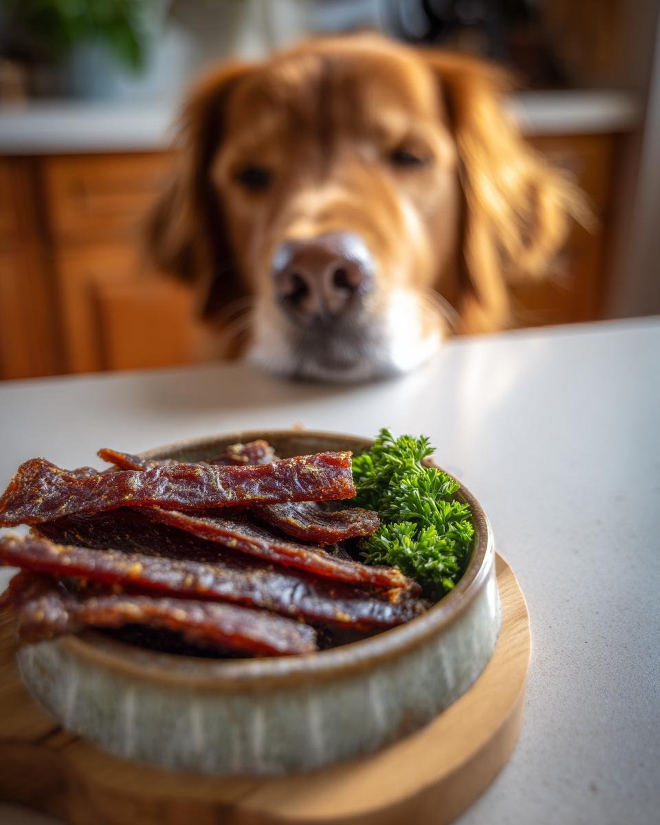 A bowl of Beef Parsley Clean Breath Jerky with a golden retriever looking at it.