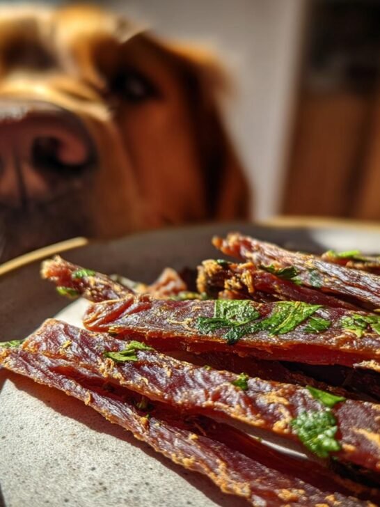 A plate of Beef Parsley Clean Breath Jerky with a blurred dog in the background looking at the treats.