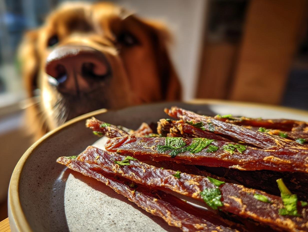 A plate of Beef Parsley Clean Breath Jerky with a blurred dog in the background looking at the treats.