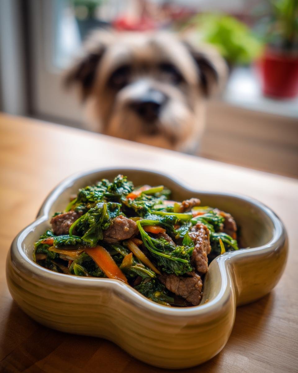 A bowl of Beef and Parsley Fresh Energy Dish with beef strips, broccoli, and carrots, with a dog looking on.