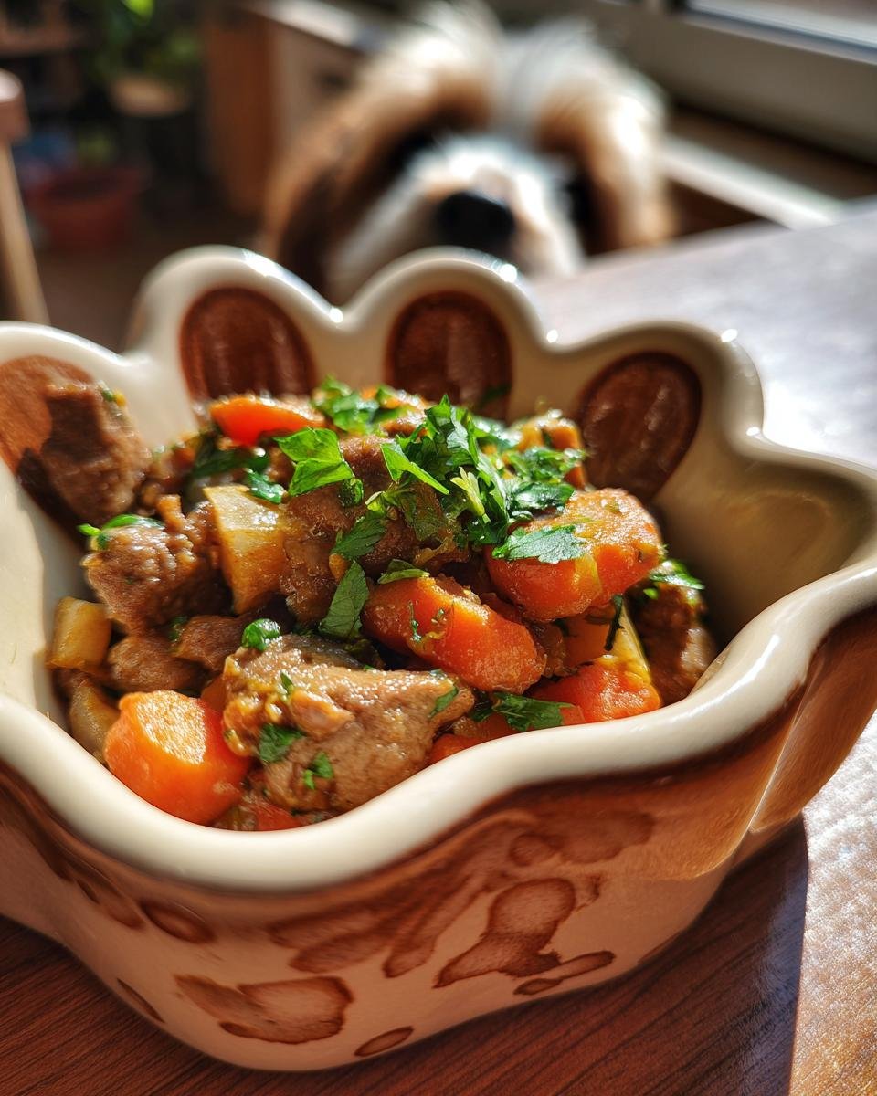 Close-up of a hearty Beef and Parsley Fresh Energy Dish in a decorative bowl, with a dog looking on in the background.