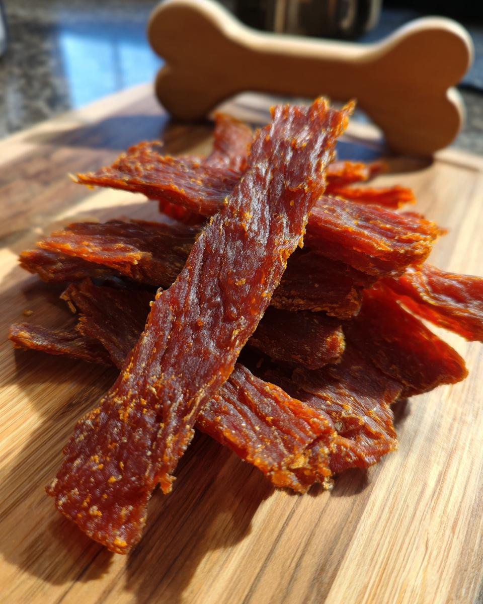 A pile of homemade Beef Pumpkin Spice Jerky on a wooden cutting board with a bone-shaped dog toy in the background.