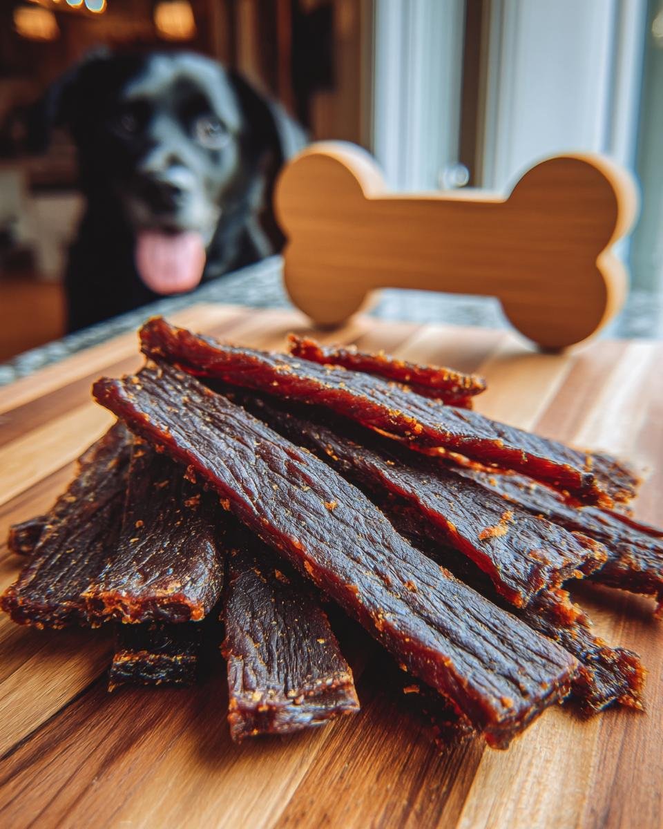 A pile of homemade Beef Pumpkin Spice Jerky on a wooden cutting board, with a black dog looking on in the background.