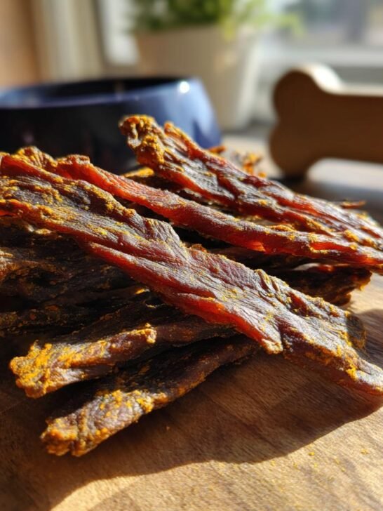 A close-up of a pile of homemade Beef Pumpkin Spice Jerky on a wooden surface.